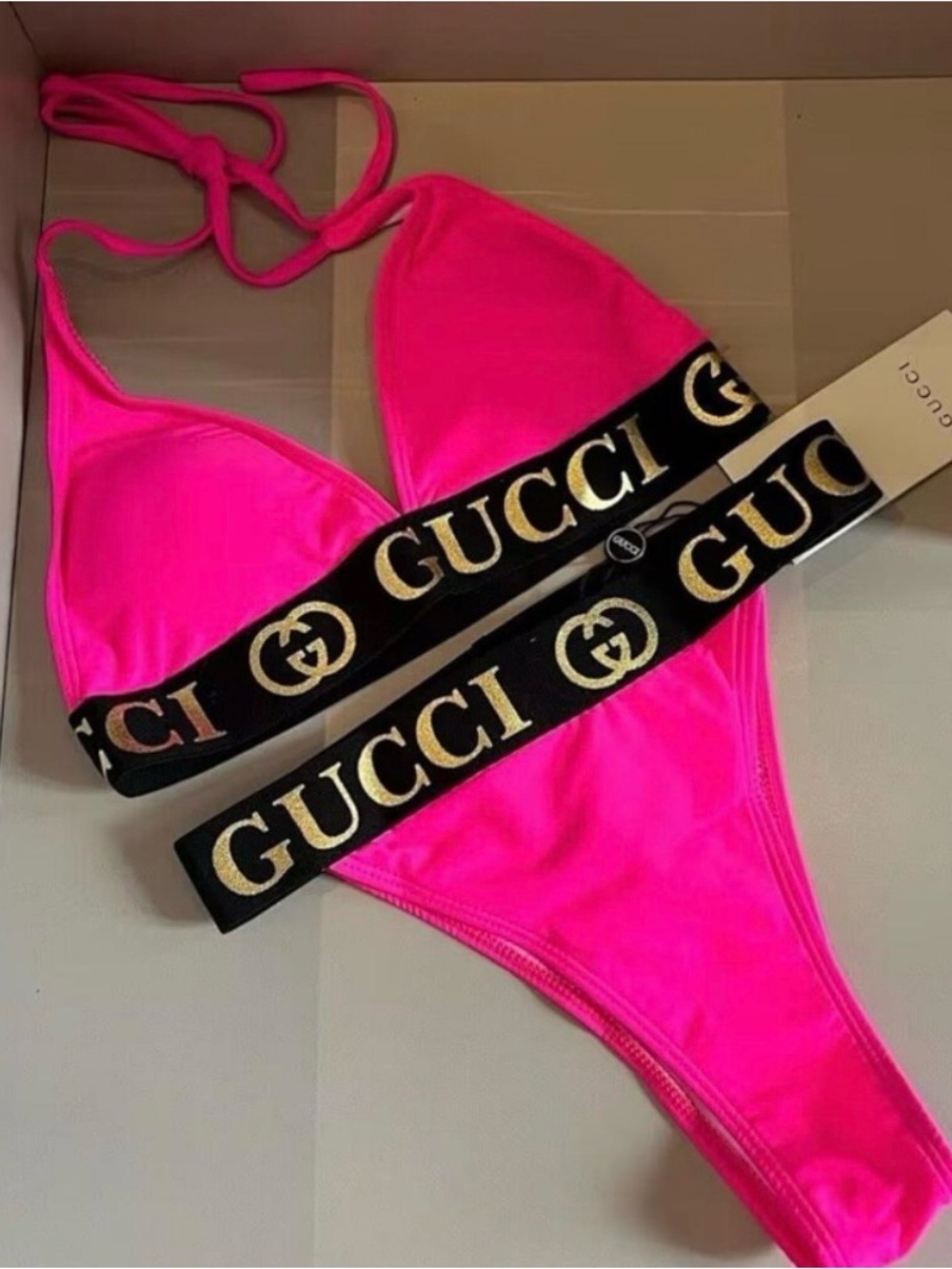 Gucci Hot Pink Bikini Set with Black Logo Band and Gold Lettering